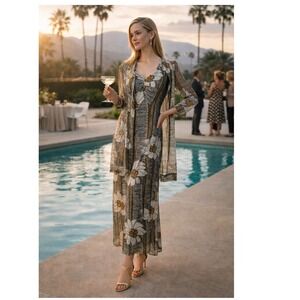 Vintage Floral Metallic Maxi Dress Vest Set Size L Womens Silver Gold Shimmer